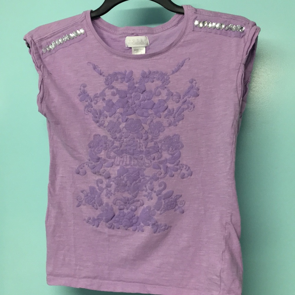 Guess Girls Cap Sleeve logo t shirt bling Sz XL 16